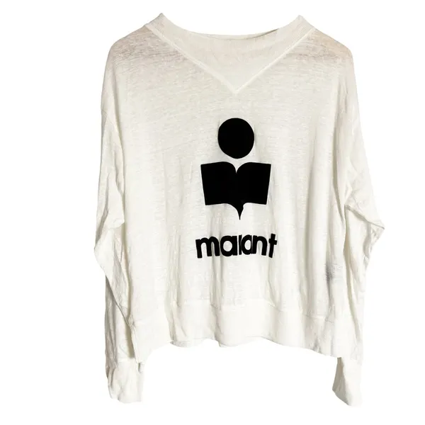 Isabel Marant White 100% Linen Graphic Logo Long Sleeve Knit Shirt Size Medium - Image 2