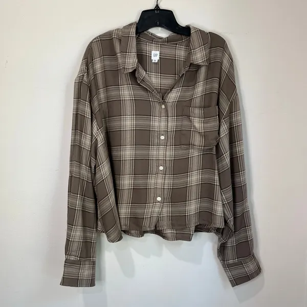GAP Brown Plaid Cropped Flannel Button Down Shirt XXL Soft Casual‎ Fall - Image 2