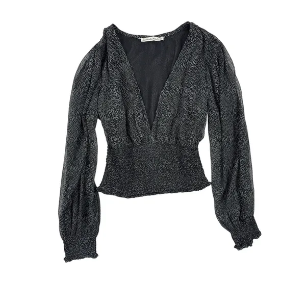 Abercrombie & Fitch Black Polka Dot Smocked‎ Waist Blouse XS Sheer Puff Sleeve - Image 2
