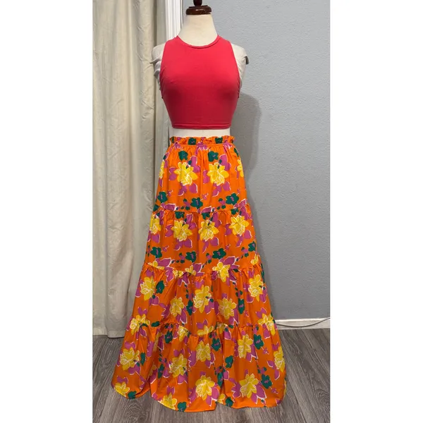 Lulus 100% Cotton‎ Maxi Skirt M Orange Floral Tiered High Waist Boho Summer - Image 9