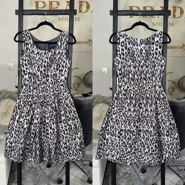 Samantha Sung Silk Leopard Fit And Flare Dress Womens 2 Silver Black Ivory Work - Image 2