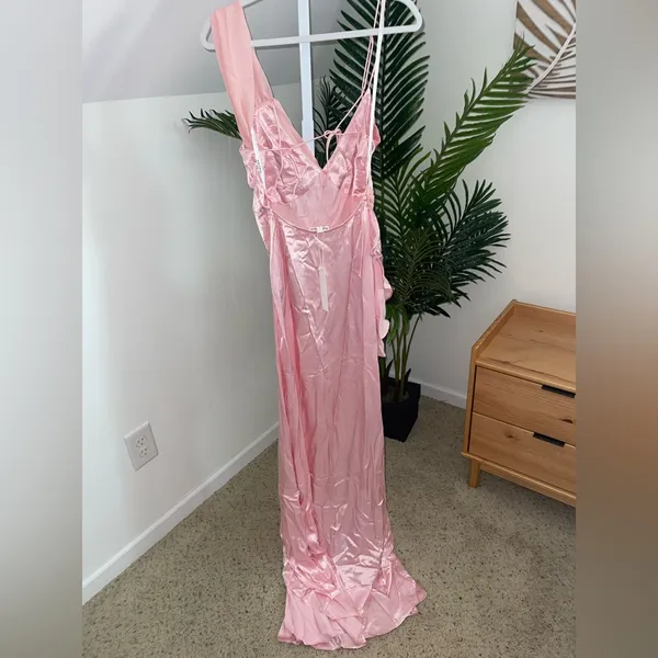 NWT For Love & Lemons Draped Plunge Neck Asymmetric James Maxi Dress Pink‎ Small - Image 4