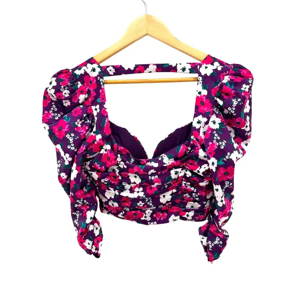 For Love‎ & Lemons Penny Purple Floral Ruched Puff Sleeve Crop Top Small Revolve - Image 9