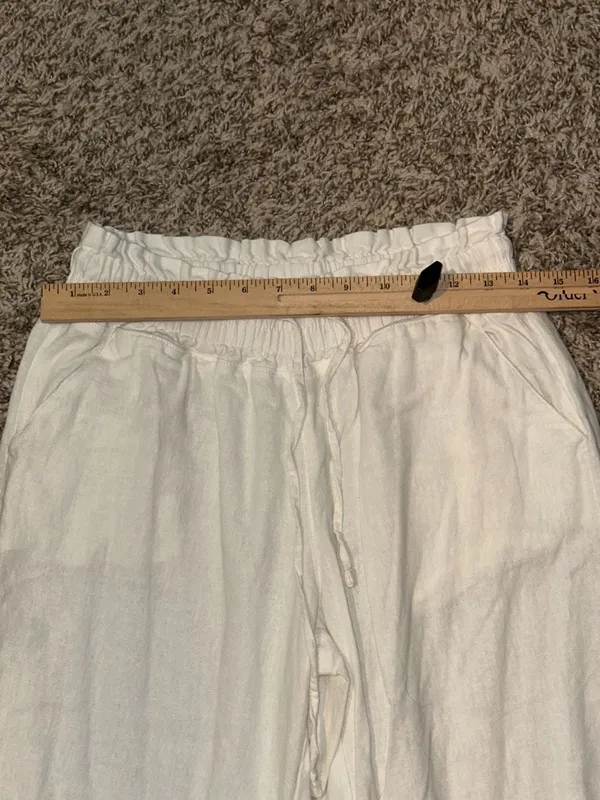 Happily Grey White Paperbag Waist Drawstring Wide-Leg Linen-Blend Pants - Image 9