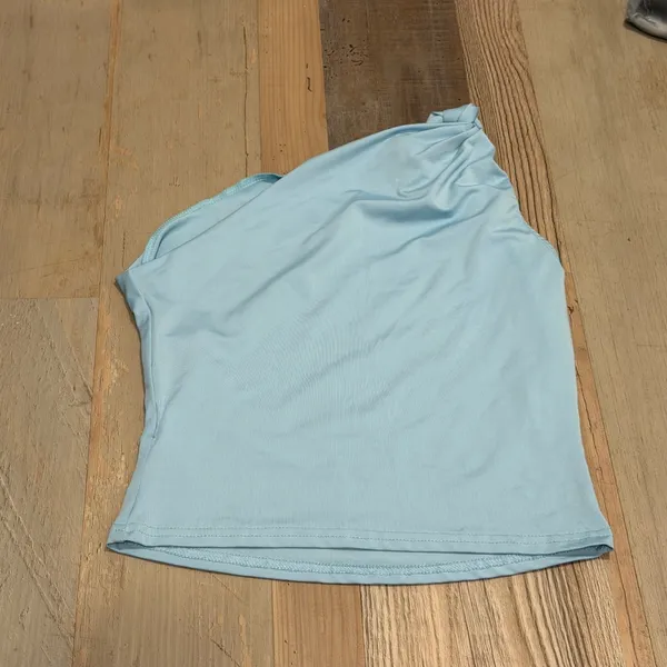 One Shoulder Knot Detail Top Small Light Blue Stretch Summer Sleeveless Blouse - Image 2