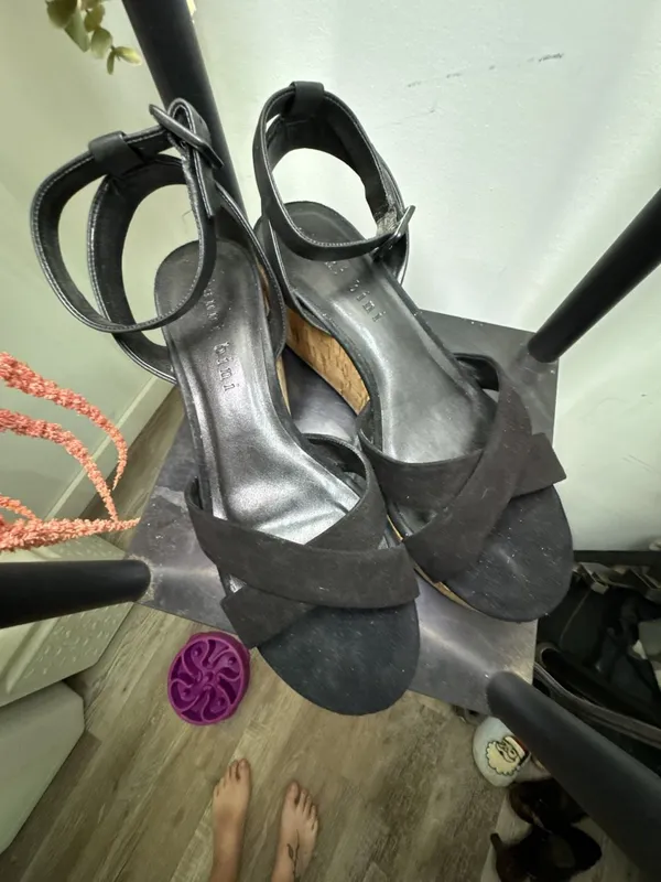 Gianni Bini Black Suede Cork Wedge Sandals with Crossover Straps - Image 2