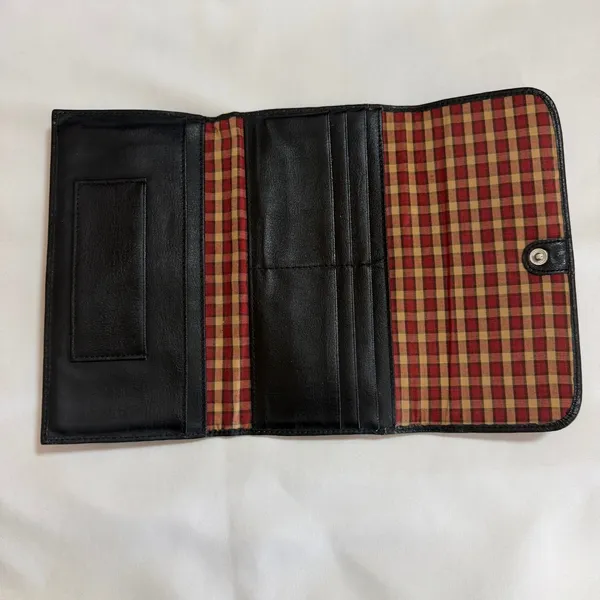 Dockers Black Leather Tri-Fold Continental Wallet Plaid Lining Checkbook Holder - Image 5
