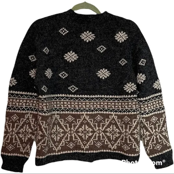 Eddie Bauer Vintage Grey/Brown Fair Isle Wool Alpaca Cardigan Size Medium - Image 2