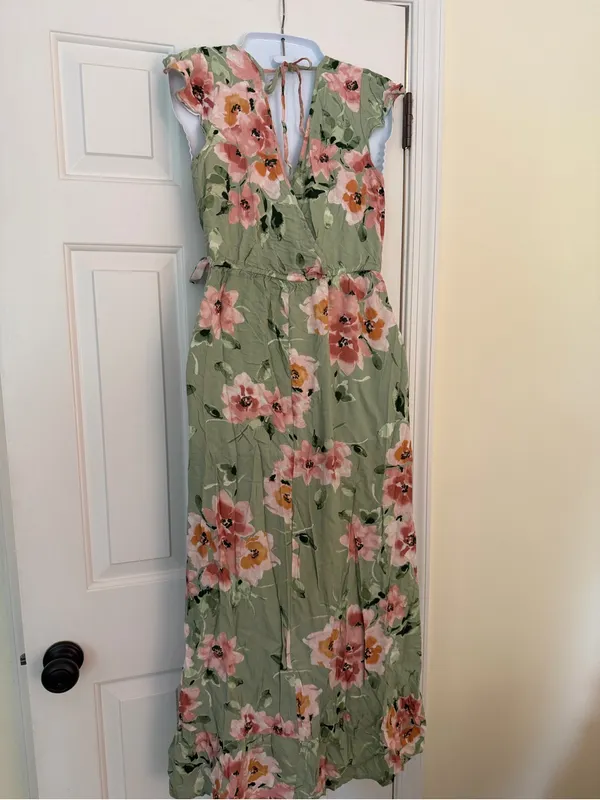 Floral Cotton Rayon Faux Wrap Maxi Dress Sage Green Pink Medium M - Image 7