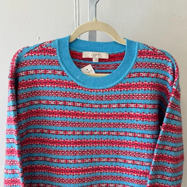 NWT Loft‎ Women’s Crewneck Vibrant Knit Sweater Blue Red XS - Image 5