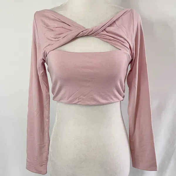 New SER.O.YA Ellis Twisted Cutout Front Long Sleeve Crop Top Pink Size Large - Image 5