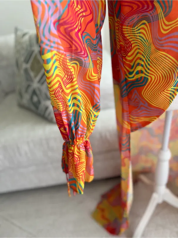 Bananhot Long Multi-Color Sheer Long Sleeve Cover-Up In Waves Size M/L - Image 6