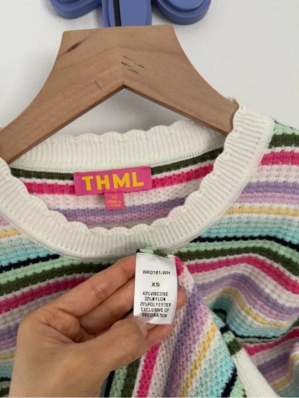 THML XS Stripe Multi Color Puff Short Sleeve Sweater Knit Pastel Crew Preppy - Image 3