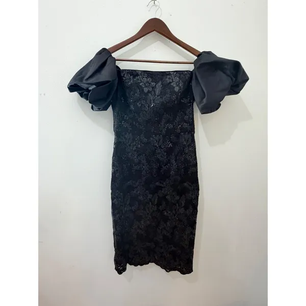 Eliza J Black Dress Sequin Lace Off Shoulder Puff Sleeve Size 4 Glam Cocktail - Image 2