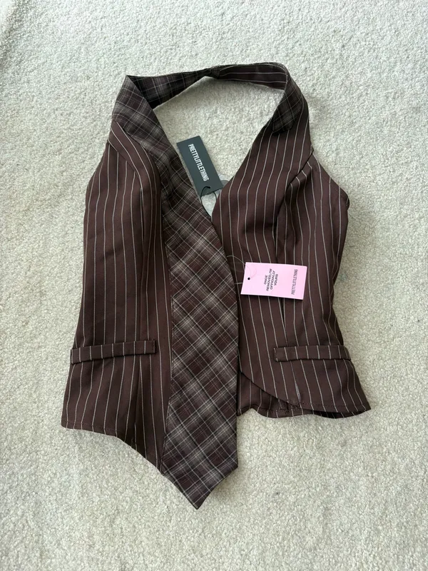Pretty Little Thing Striped and Plaid Halter Tie Top - Image 3