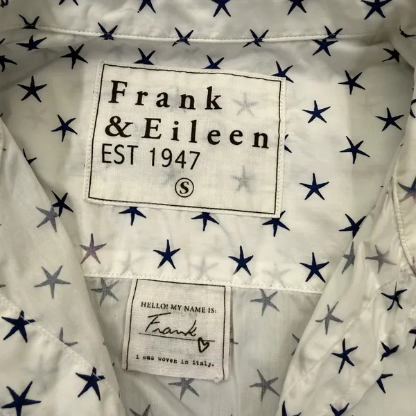 Frank & Eileen Barry White Navy Blue Star Print Cotton Button Down Shirt Small - Image 2