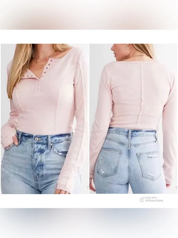 Free People Intimately Sloane Long Sleeve Henley Bodysuit Pink Nectar Small - Image 3