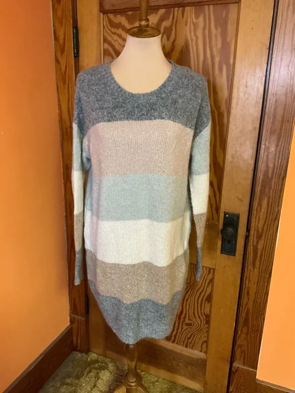 Entro Colorblock Sweater Dress Medium Soft Knit Cozy Neutral Striped Long Sleeve - Image 8