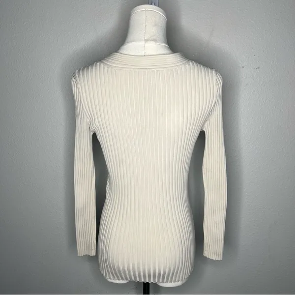 Y2K Vintage Cache Cream Silk Blend Rib Knit Keyhole Square Ring Going Out Blouse - Image 2