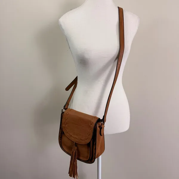 Mellow World Brown Vegan Leather Whipstitch Tassel Crossbody Saddle Bag - Image 3