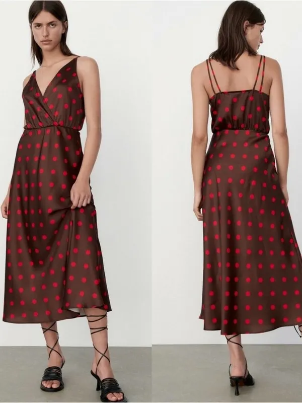 ZARA Brown & Red Polka Dot Sleeveless Midi Slinky Satin Slip Dress Size Small - Image 14