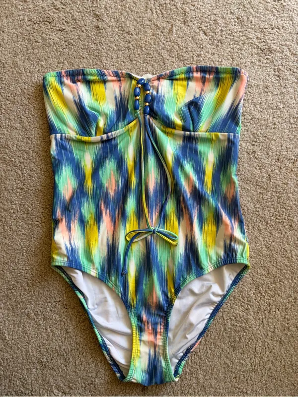Shoshanna Ikat Rio Vista Bandeau Beaded Halter Maillot one piece Swimsuit Sz 10 - Image 3