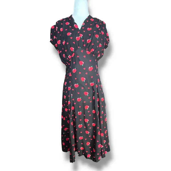 ModCloth X Collectif Apple Heart Print Midi Dress Black Red Puff Sleeve Cottage - Image 11