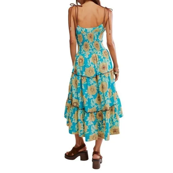 NWT Free People Adriel Tie Strap‎ Tiered Midi Dress Blue Floral Flowy Boho Small - Image 3