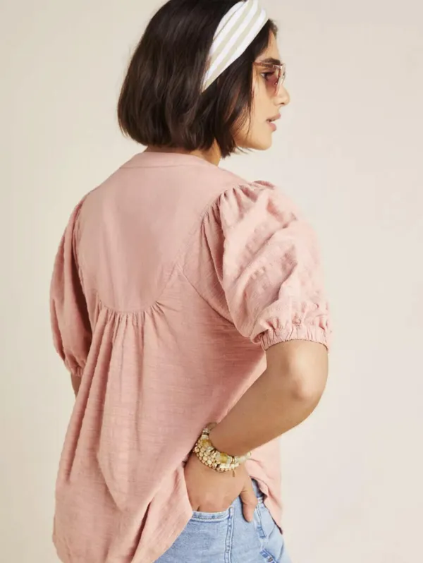 Anthropologie Pink Short Sleeve Button Front Elinor Textured Top - Size - Medium - Image 2