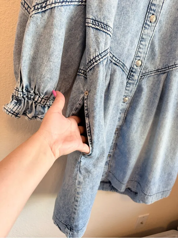 We the Free Hannah Denim mini dress buttondown, pockets, acid wash, Sz L - Image 10