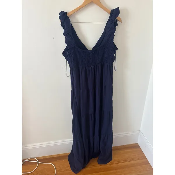 Jason Wu Navy Blue Linen Blend Tiered Maxi Dress Ruffle V-Neck Smocked - Image 3