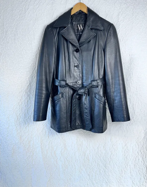Winlit Vintage Leather Women's Jackets Size M Soft Black Warm Trench Coat Belt - Image 5