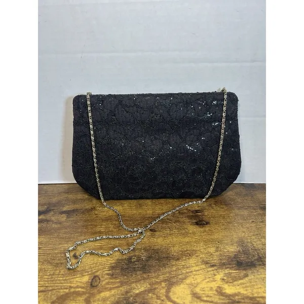 Vintage Black Floral Lace Glitter Evening Bag Gold Tone Chain Strap Formal Purse - Image 13