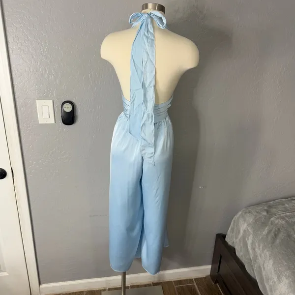 Azazie Oli Stretch Sky Blue Pleated Stretch Satin Jumpsuit - Image 2
