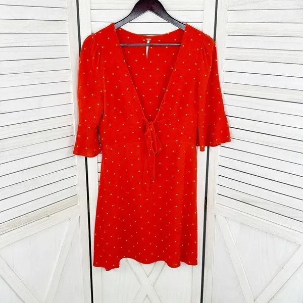 Free People All Yours Polka Dot Flounce Sleeve Mini Dress Orange Size‎ 4 V Neck - Image 9