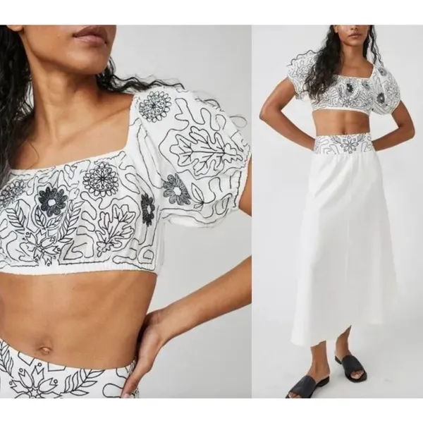 NWT Free People Lotus Set Embroidered Crop Top Maxi Skirt White & Black Size L - Image 2