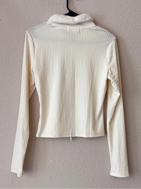 Ribbed Zip-Up Teddy Jacket with Faux Fur Collar - Cream - Image 3
