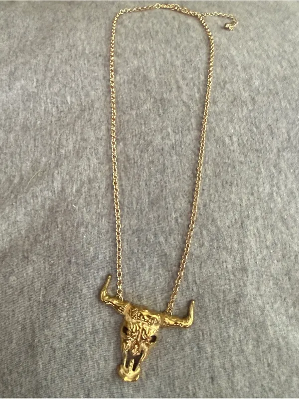 Gold Bull Skull Pendant Necklace - Image 6