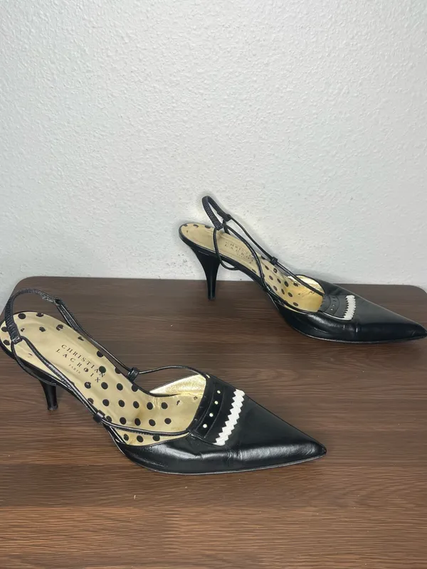 Christian Lacroix Black Leather Pointed Toe Slingback Kitten Heels - Image 2