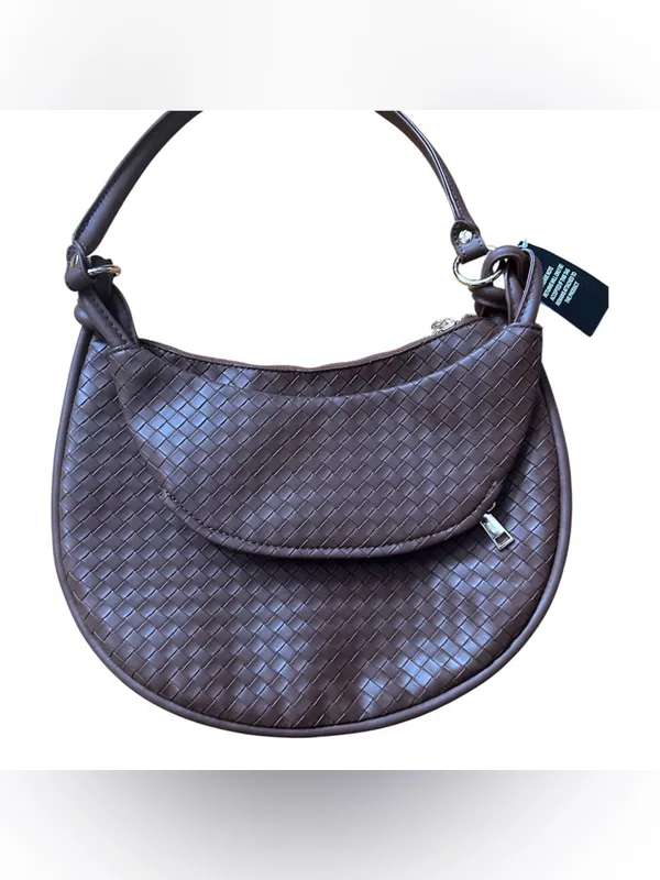 Crescent Woven Dark Espresso Shoulder Handbag Purse Satchel Medium Knotted Strap - Image 3