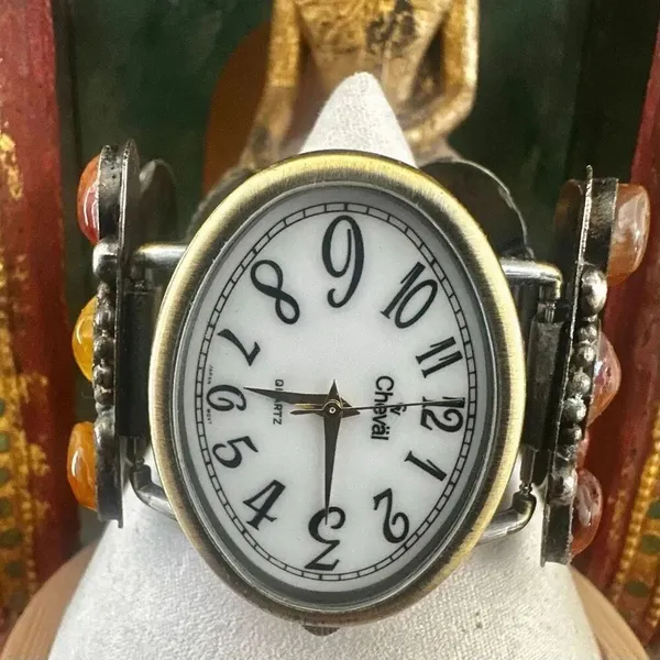 Vintage Cheval Quartz Agate Stone Cuff Watch - Image 7