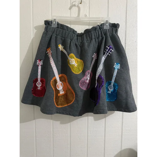 Queen of Sparkles Grey Sequin Guitar Sweatshirt Skort XL Music - Image 7