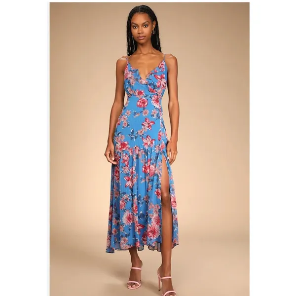Lulus‎ Tropical Skies Blue Floral Maxi Dress Wedding Guest Side Slit Size L - Image 6