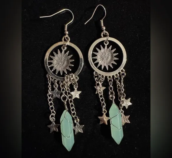 Celestial Moon Sun Star Chandelier Silver Tone Faux Crystal Dangle Earrings - Image 4