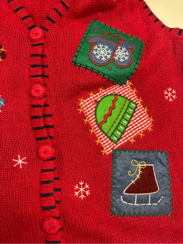 Vintage 90s Holiday Ugly Christmas Red Button Up Cargian Sweater Vest Size XL - Image 3