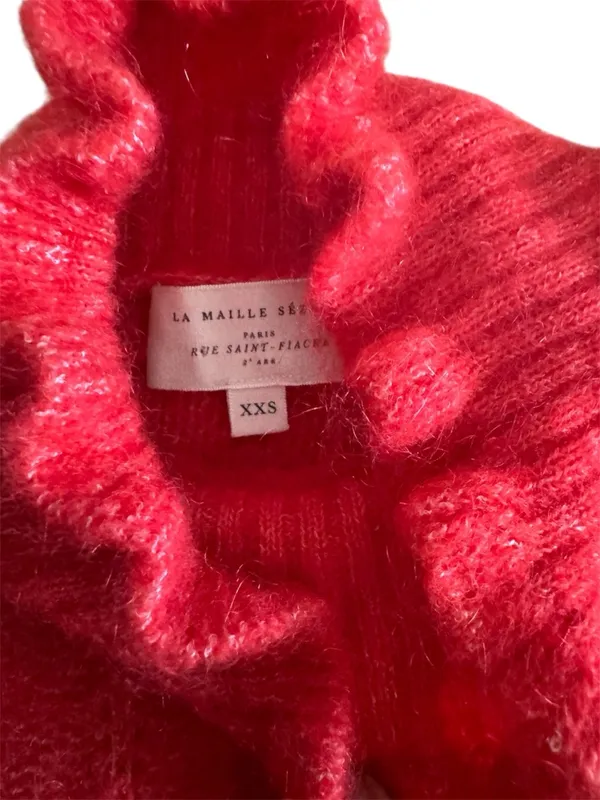 SEZANE Bright Red Mohair Merino Wool Knit Ruffle High Neck Sweater Loris Jumper - Image 11