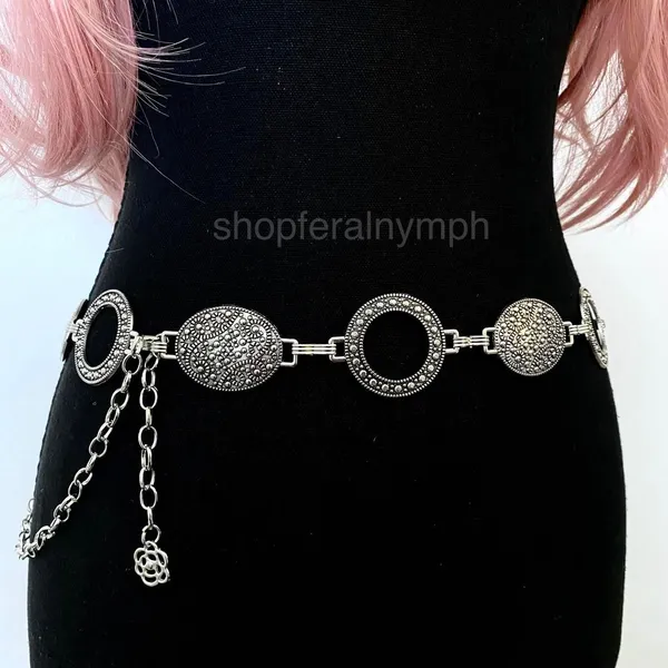 Silver Y2K Textured Oval Open Ring Chain Belt, Fits 27 to 44 Inches, X7GA1364 - Image 4