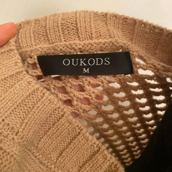 Tan crochet knit sweater with openwork pattern, size M Short sleeve Layer Size M - Image 4