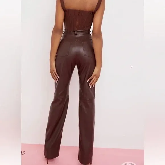 House of CB Inaya Chocolate Brown‎ Stretch Vegan Leather Trousers Size Large - Image 4