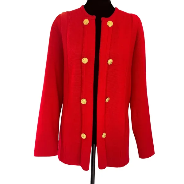 Vintage Carine‎ Paris Red Knit Wool Cardigan Jacket Gold Anchor Buttons Womens L - Image 2